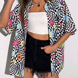 Floral & Checker Print Drop Shoulder Shirt